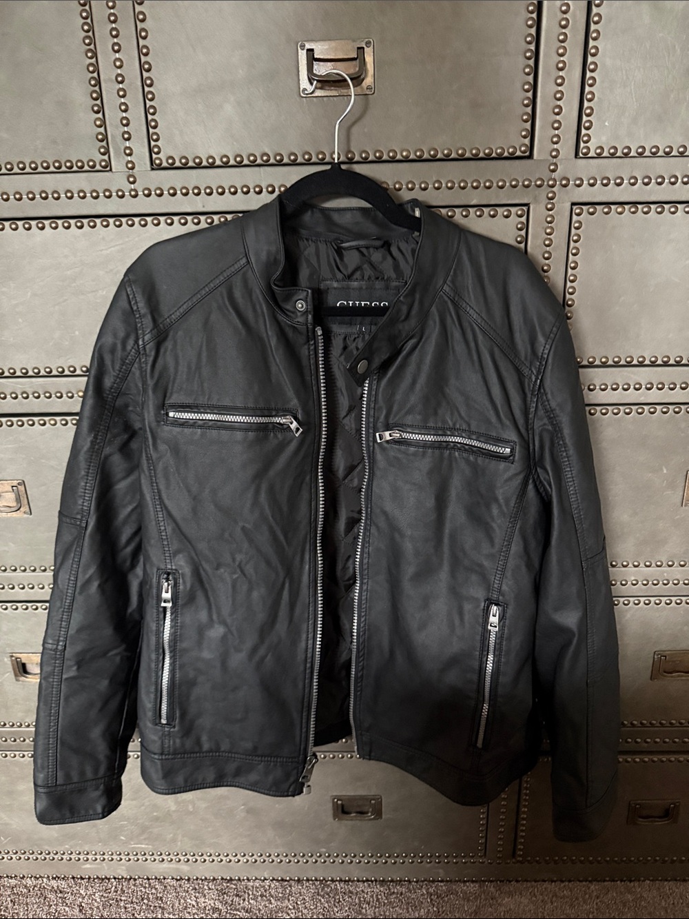 GUESS Black Faux Leather Bomber Jacket with Zip Pockets